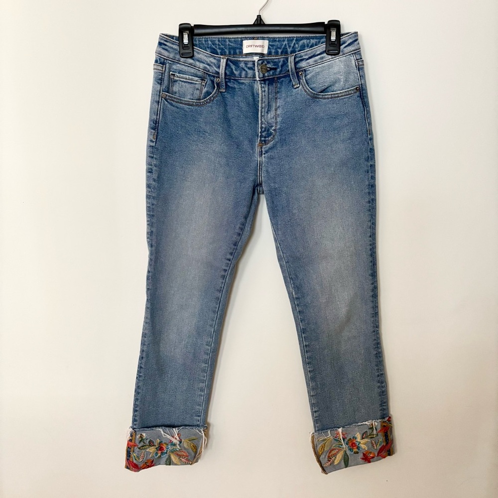 Driftwood Colette Floral Embroidered Jeans Cuffed Cropped Boho Womens Size 27